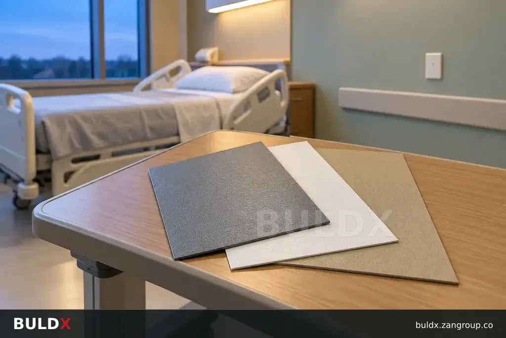 AI-generated product sample context: Empty patient-room mockup with a bed locator sample, bedside-height wide view