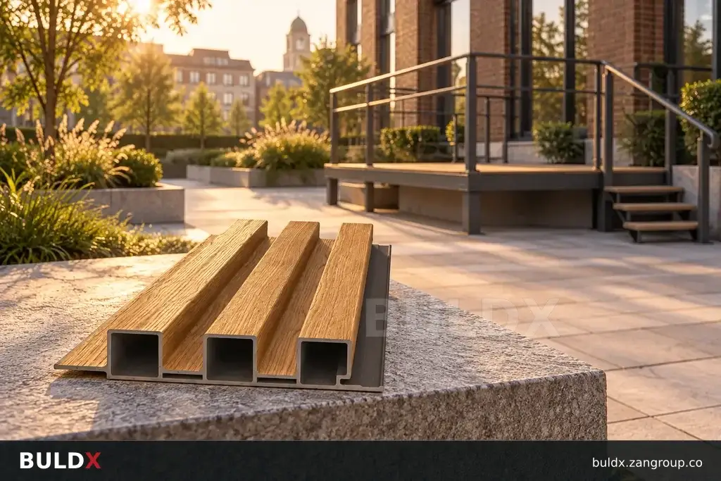 AI-generated product sample context: Loose panel sample beside a maintenance access platform in a courtyard, distant architectural view