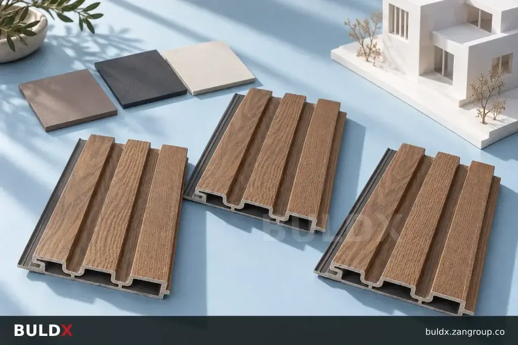 AI-generated product sample context: Colour cladding swatches against a small architectural building model, overhead diagonal view