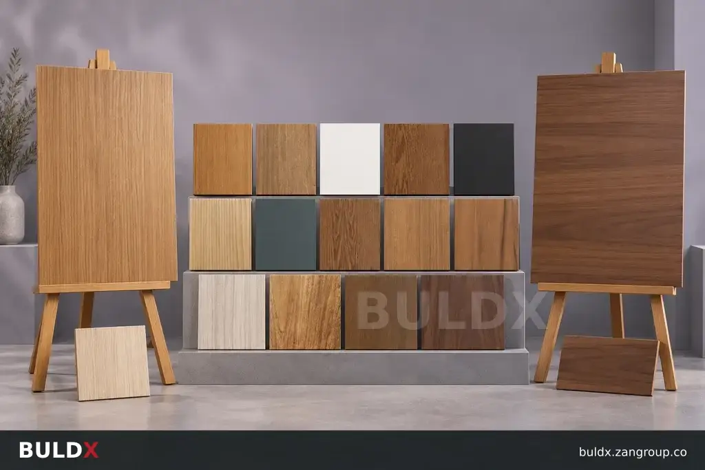 AI-generated product sample context: Cladding samples arranged vertically and horizontally on a studio stand, eye-level photograph