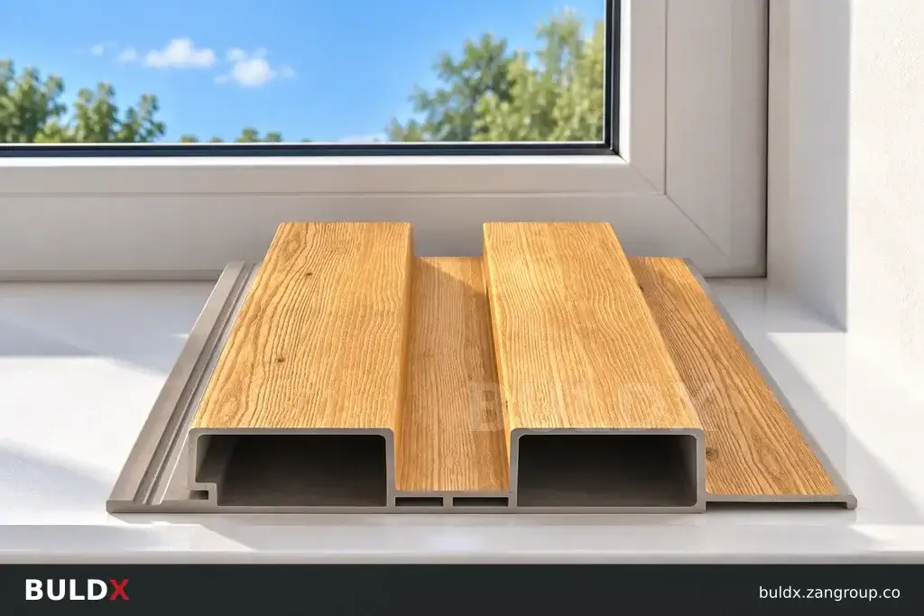 AI-generated product sample context: Facade profile sample beside a daylight window mockup, frontal cropped view