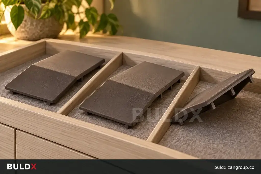 AI-generated product sample context: Organised composite samples in a landscape studio cabinet, three-quarter close view
