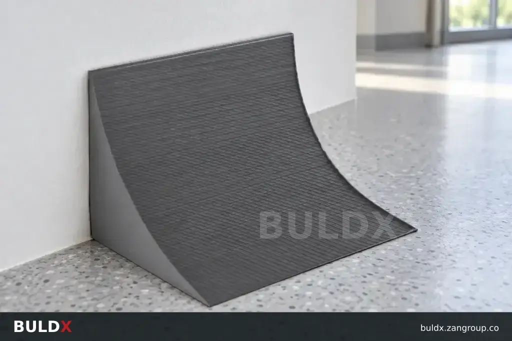 AI-generated application context: Coved floor accessories at wall-to-floor junctions