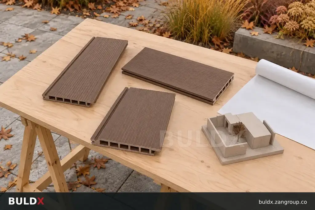 AI-generated product sample context: Composite board samples beside a landscaped courtyard drawing, aerial oblique view