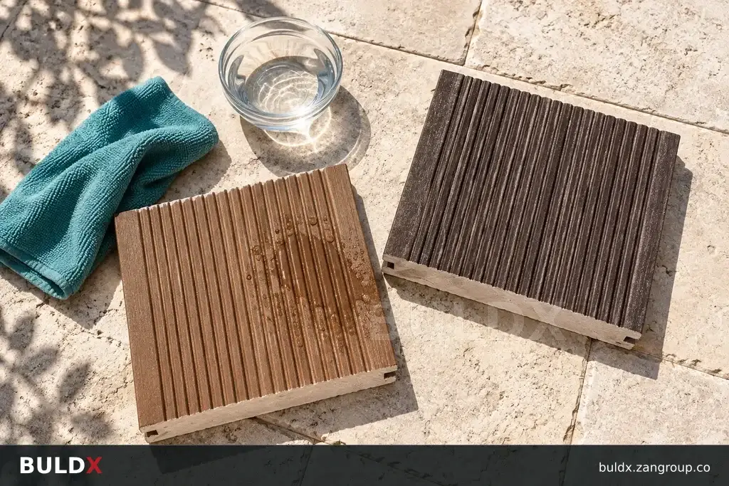 AI-generated product sample context: Two loose deck samples beside a cleaning cloth in a sunlit courtyard, overhead flat lay