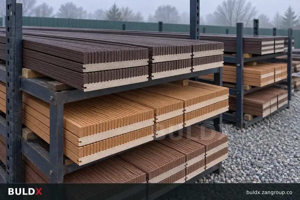 AI-generated product sample context: Unbranded composite boards on organised outdoor racks, documentary side view