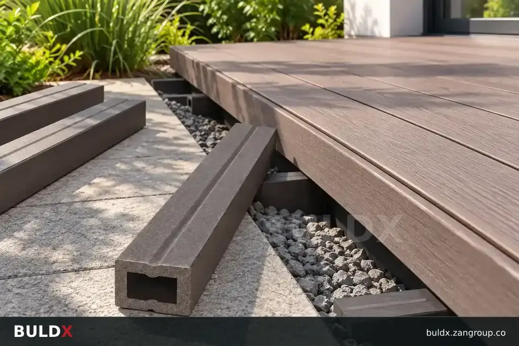 AI-generated application context: Deck substructure: coordinate supports, fixings and drainage