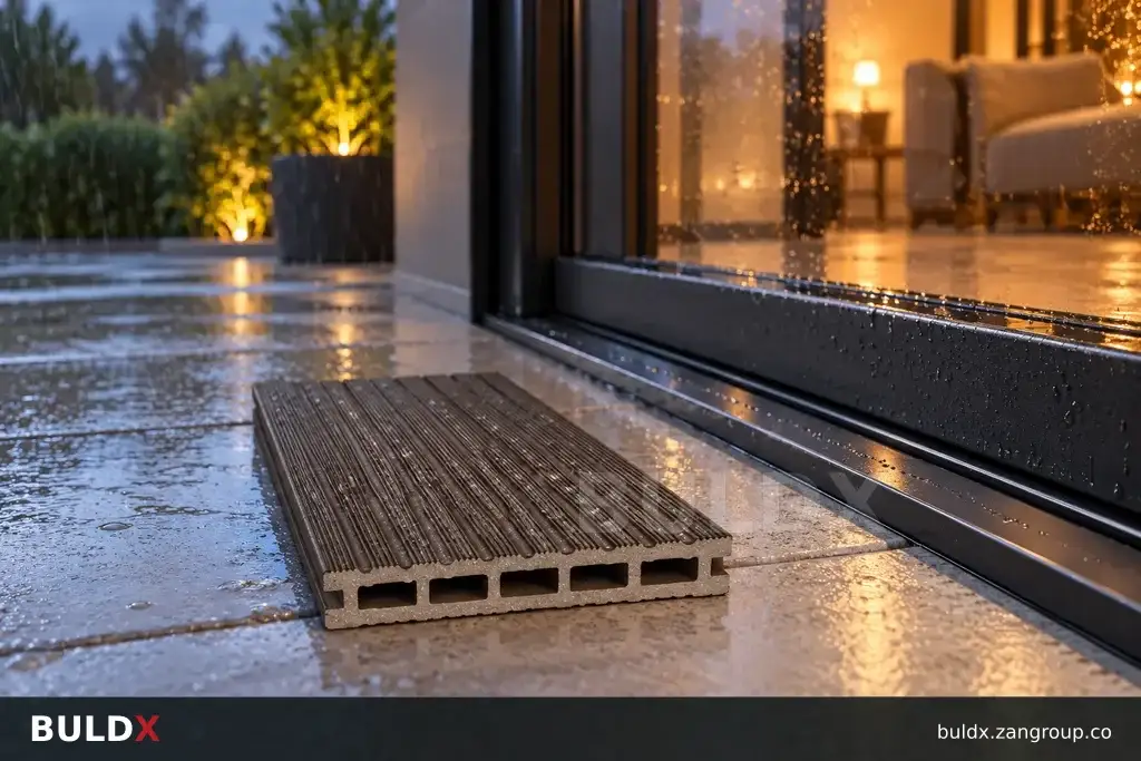 AI-generated product sample context: Loose deck board sample beside a modern patio threshold, floor-level side view