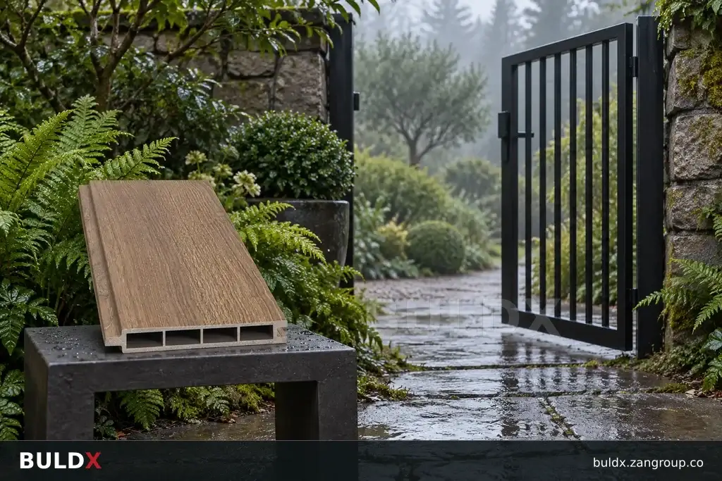 AI-generated product sample context: Fence panel sample beside an open garden gate mockup, frontal wide photograph