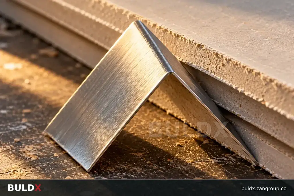 AI-generated product sample context: Corner guard sample beside unfinished partition boards, close construction detail