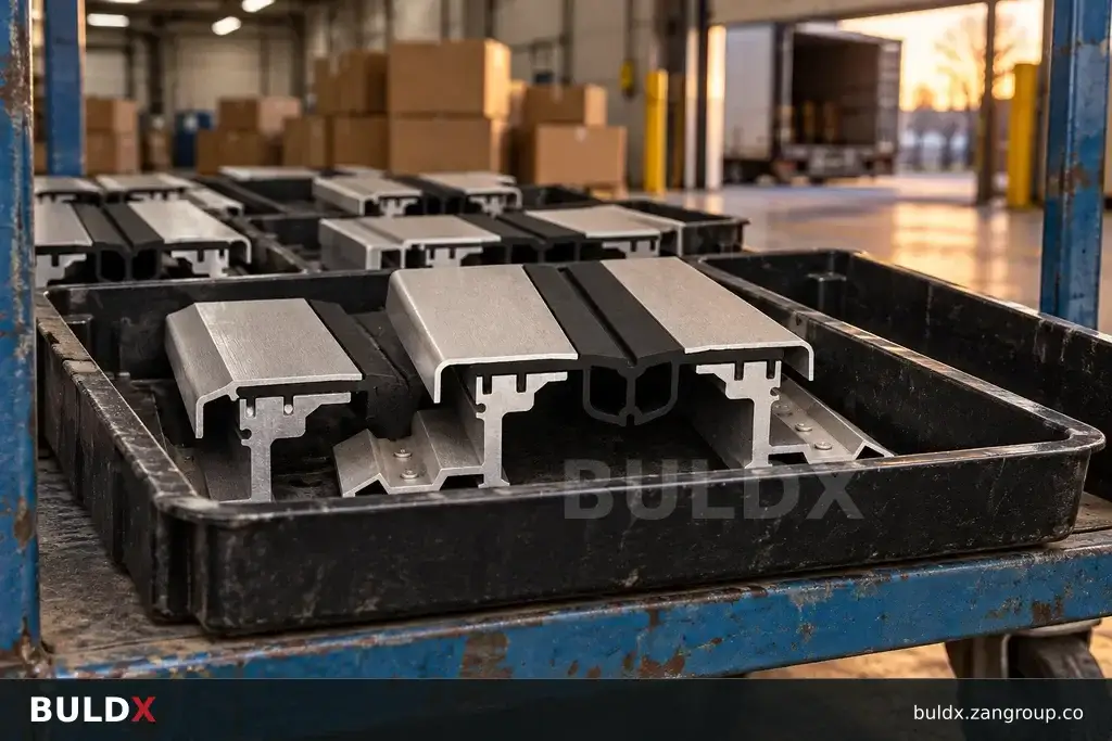 AI-generated product sample context: Unbranded component trays in a logistics intake bay, documentary eye-level view