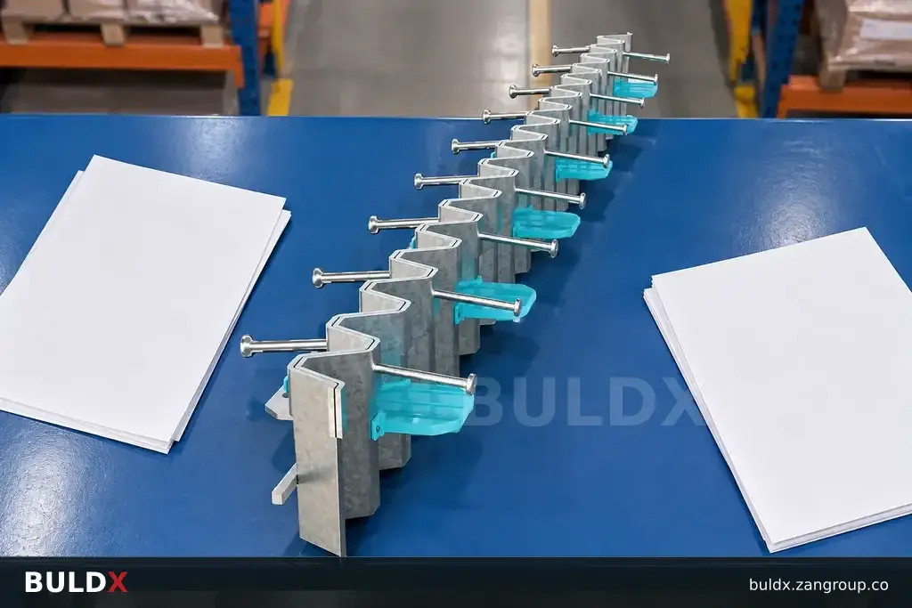 AI-generated product sample context: Steel joint sample beside plain grid drawings in a distribution centre, overhead table photograph