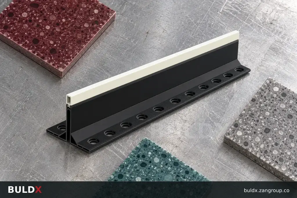 AI-generated product sample context: Joint sample beside coloured resin floor swatches, top-down editorial view