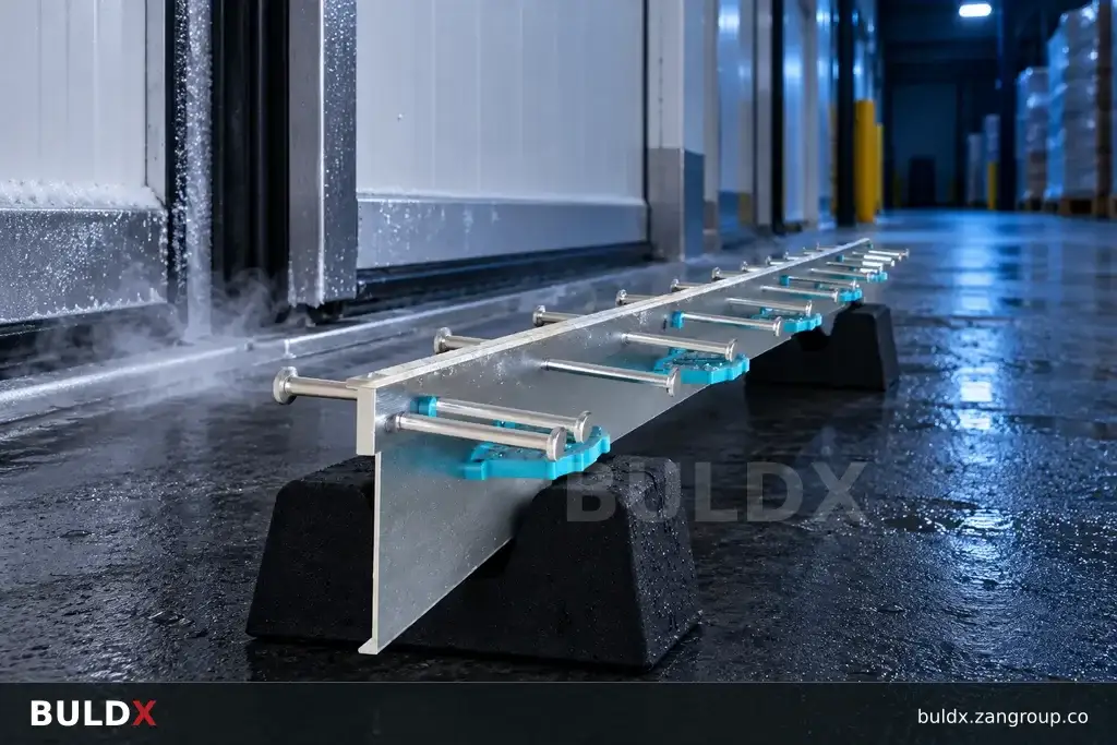 AI-generated product sample context: Uninstalled joint sample outside a refrigerated warehouse doorway, cool side lighting