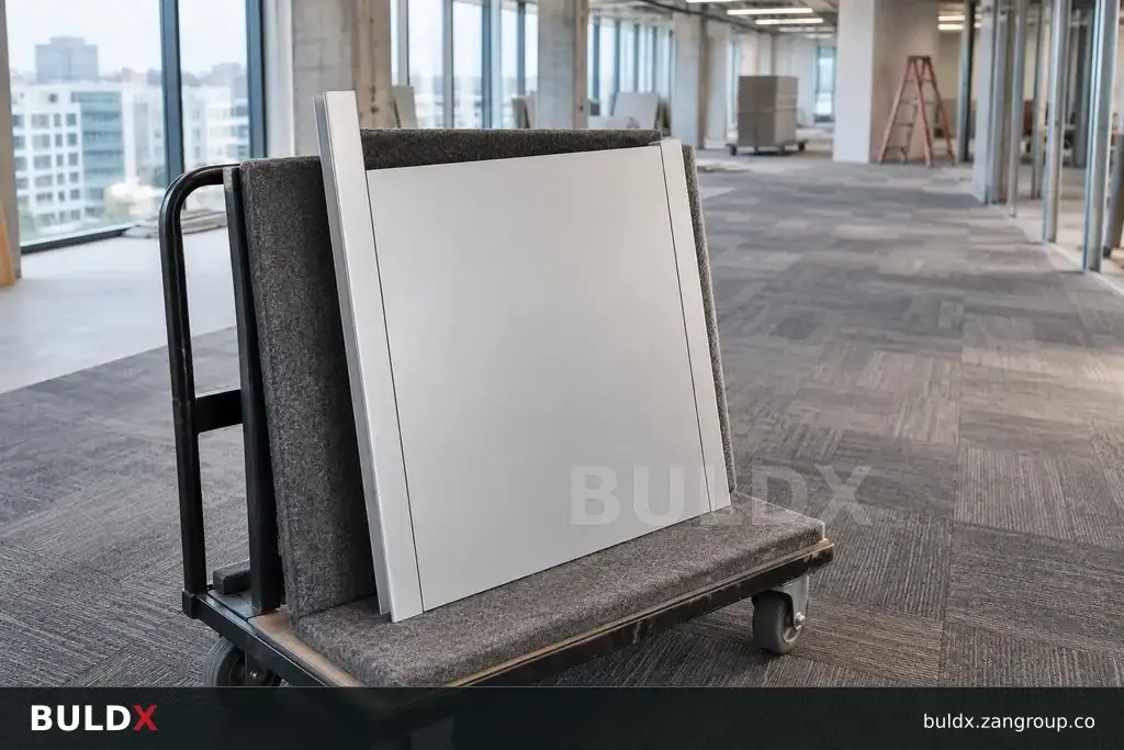 AI-generated product sample context: Open office fit-out mockup with a loose cover sample on a trolley, elevated diagonal view