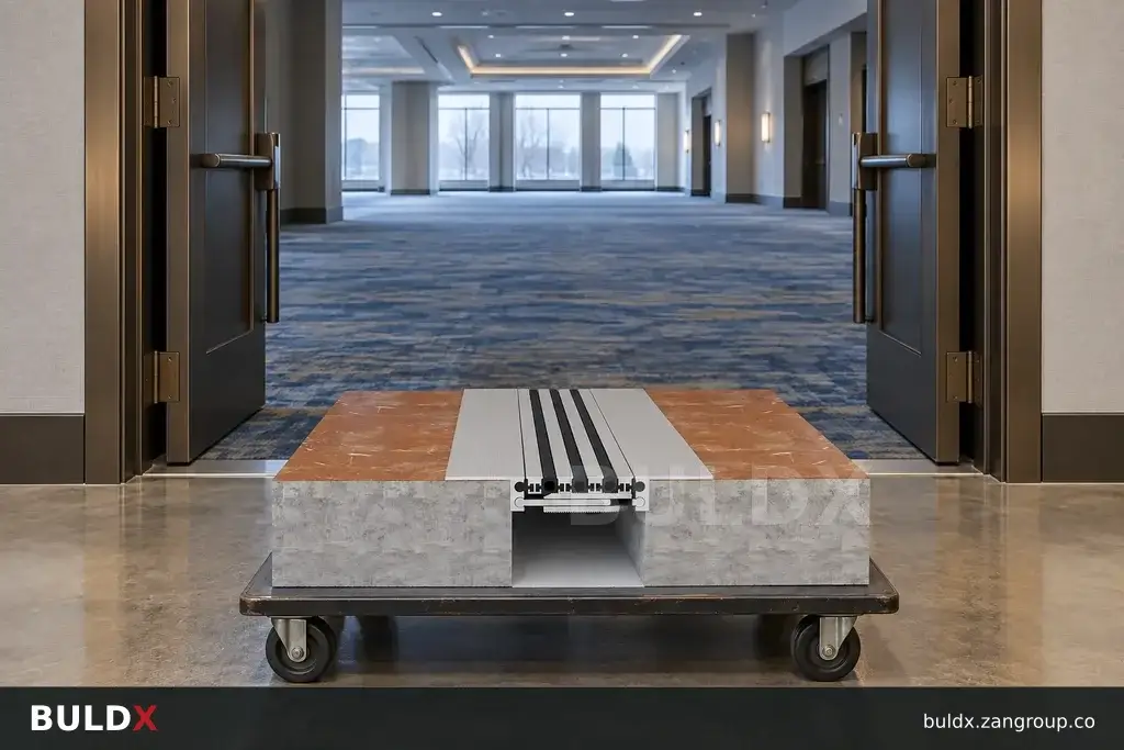 AI-generated product sample context: Double doorway at a convention venue, frontal symmetrical composition