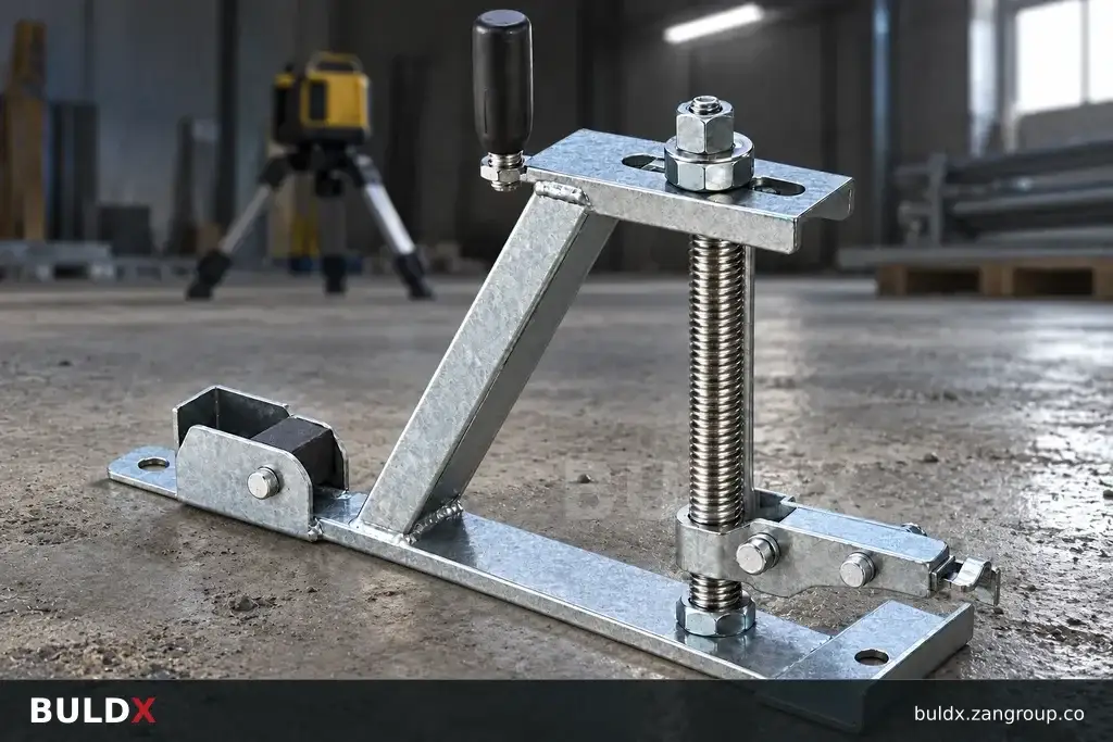 AI-generated product sample context: Survey instrument beside an industrial joint sample, close floor-level composition