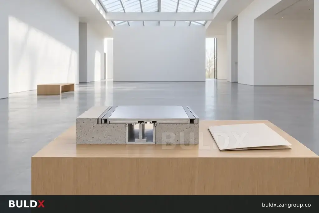AI-generated product sample context: New museum gallery with a floor joint, distant wide architectural view