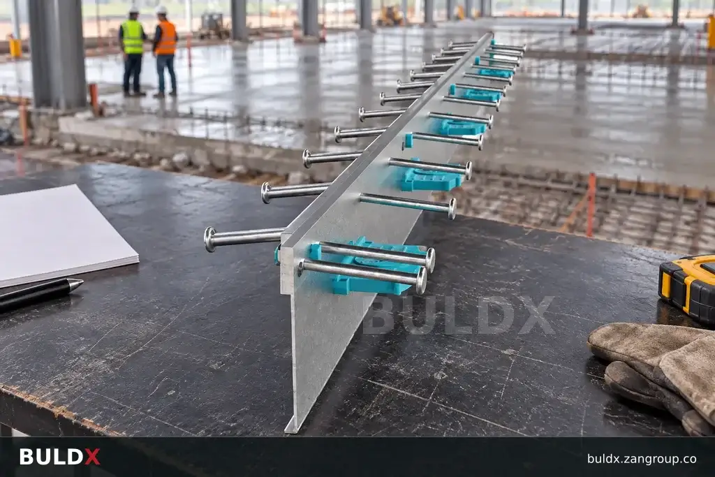 AI-generated product sample context: Loose steel joint sample on a planning table beside a warehouse pour area, elevated view