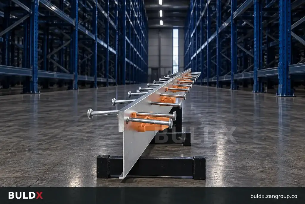 AI-generated product sample context: Joint sample in front of empty tall shelving, wide low-angle view