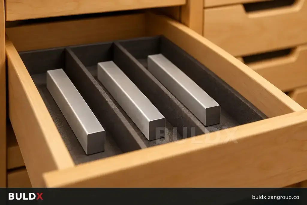 AI-generated product sample context: Neutral spare elastomer samples in organised drawers, macro angle