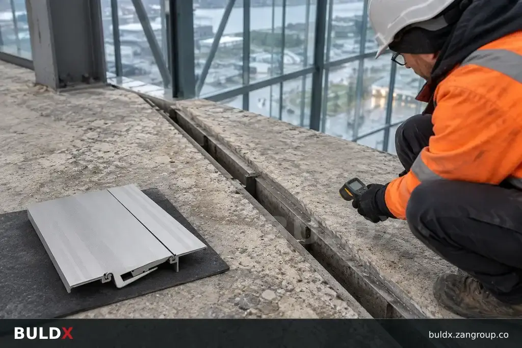 AI-generated product sample context: A surveyor recording a joint beside a glazed atrium, high overhead oblique view