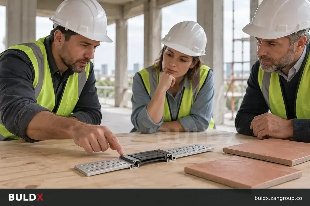 AI-generated product sample context: Three professionals reviewing samples at a construction meeting table, broad side view