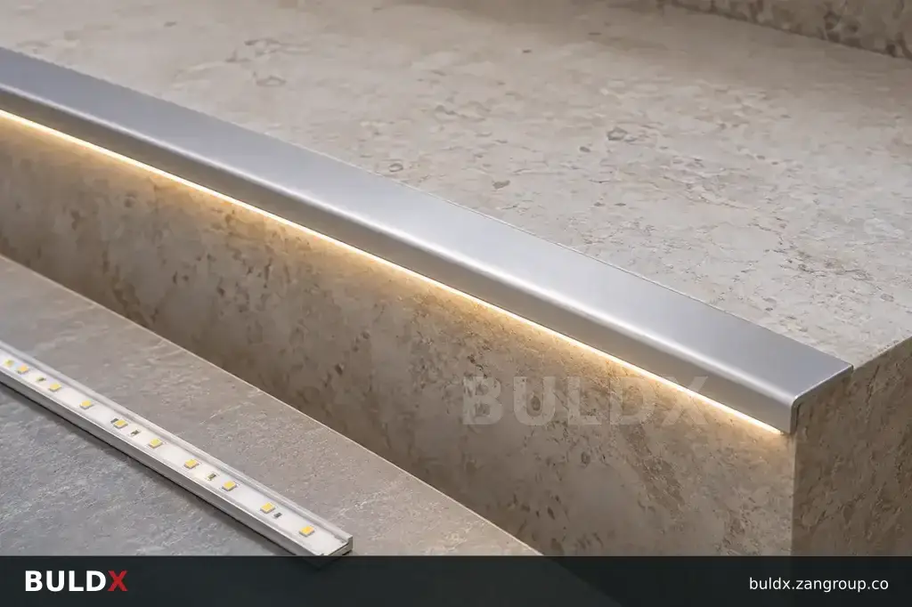 AI-generated application context: LED stair nosings: coordinate profile and lighting package