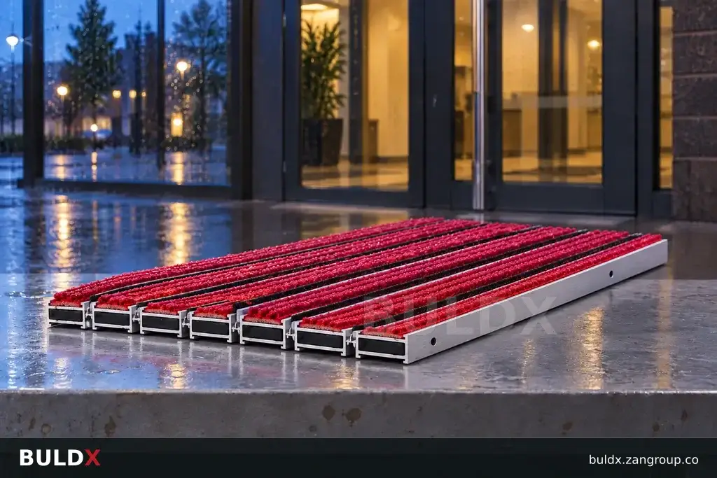 AI-generated product sample context: Rolled loose aluminium mat sample on a bench beside a closed lobby entrance, side view