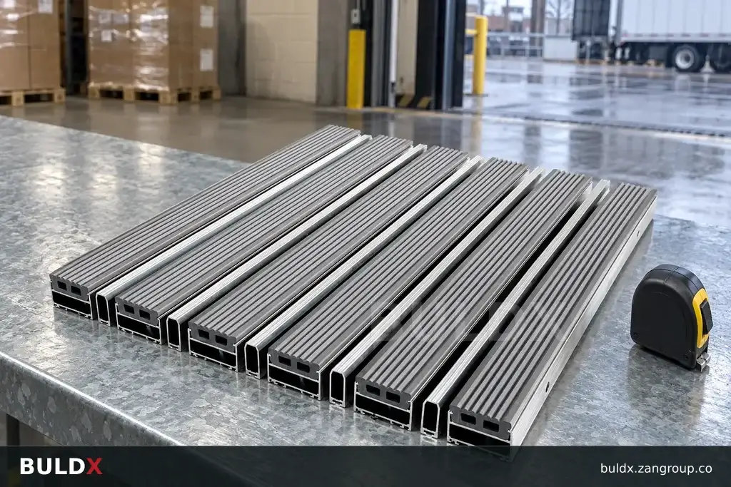 AI-generated product sample context: Unrolled mat sample on a receiving table with plain tape measure, high oblique view