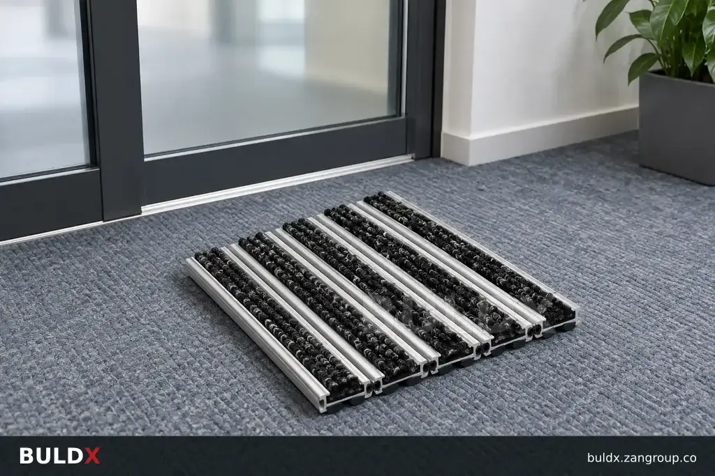 AI-generated product sample context: Loose mat sample rotated beside an office entry, high three-quarter view