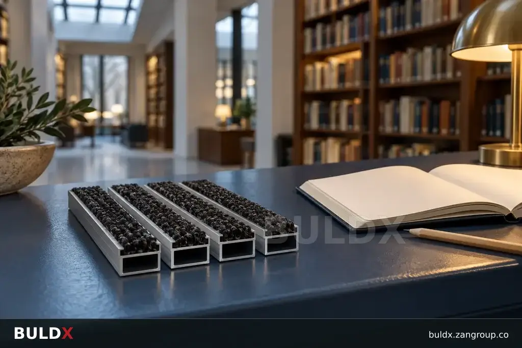 AI-generated product sample context: Mat sample beside a blank notebook in a library foyer, editorial still life