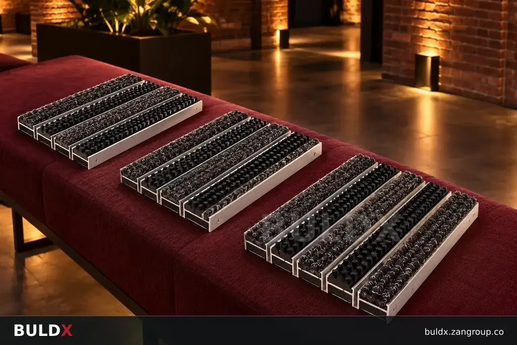 AI-generated product sample context: Several unconnected mat sample sections on a convention lobby bench, broad diagonal view