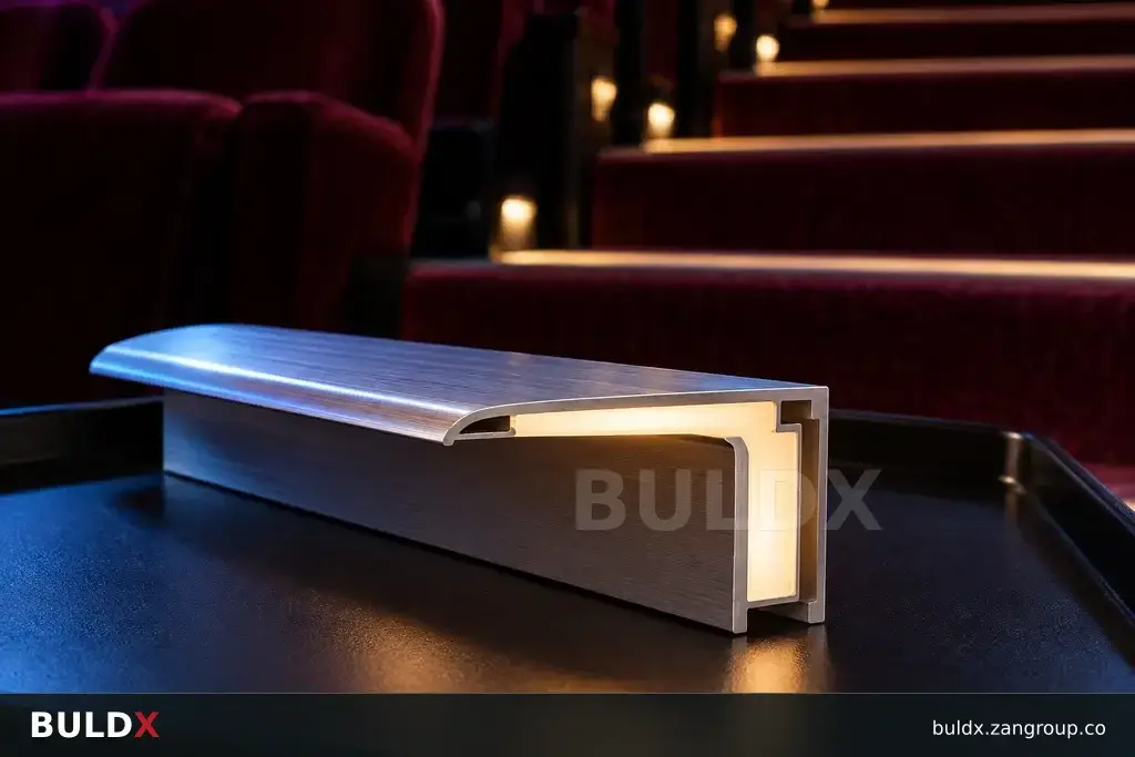 AI-generated product sample context: LED nosing sample beside a dim theatre stair, lateral close-up