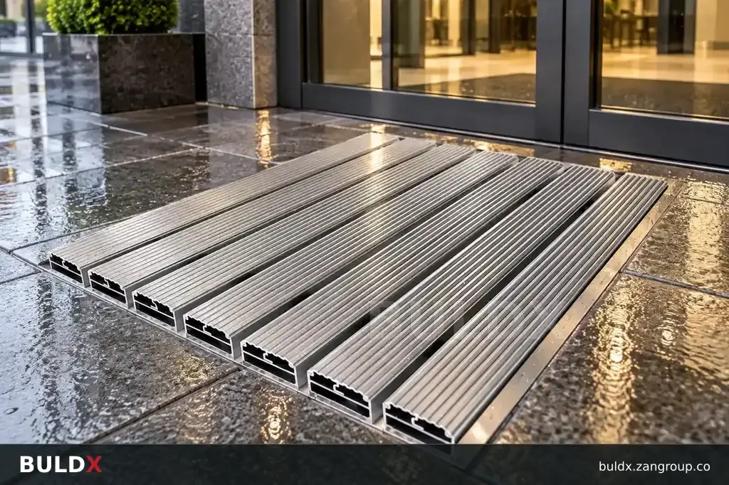 AI-generated application context: Outdoor entrance mats: exposure, drainage and support