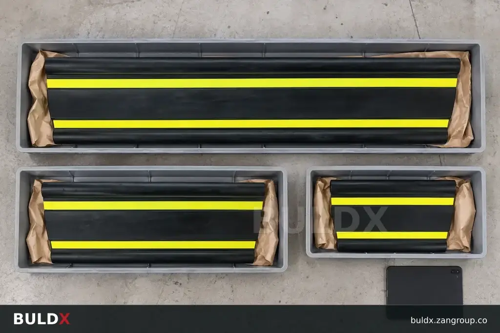 AI-generated product sample context: Traffic product samples in receiving trays, top-down documentary image