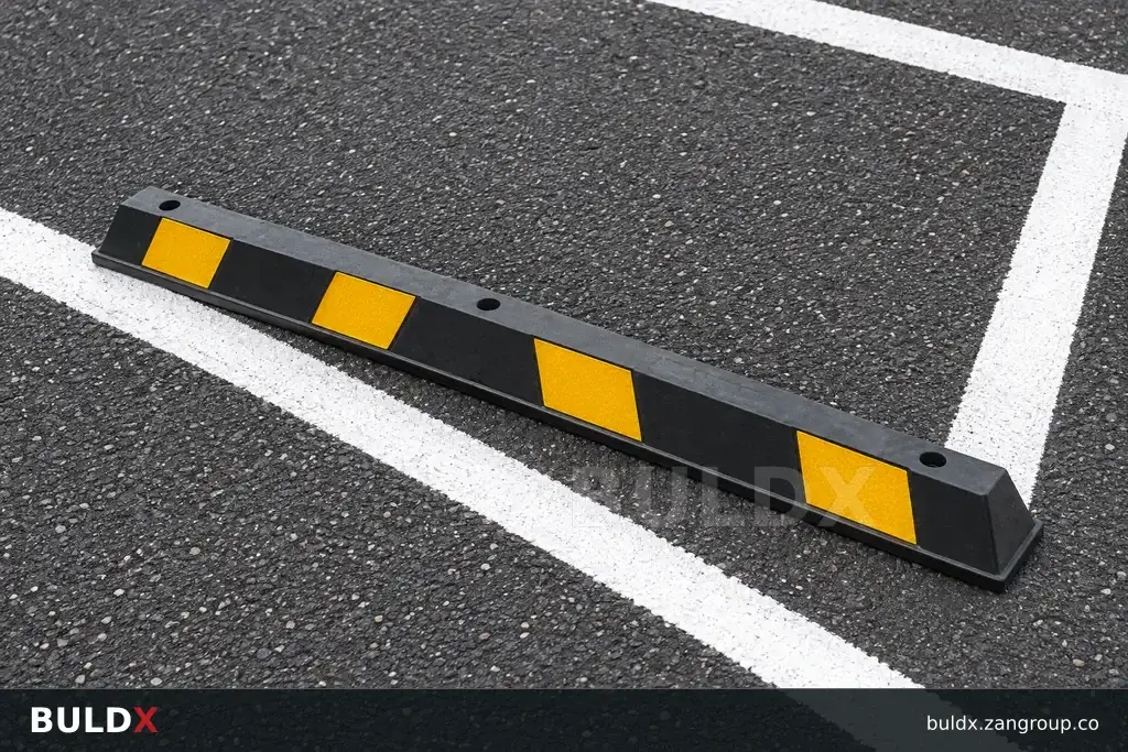 AI-generated product sample context: Loose wheel stop beside fresh parking bay markings, overhead diagonal view