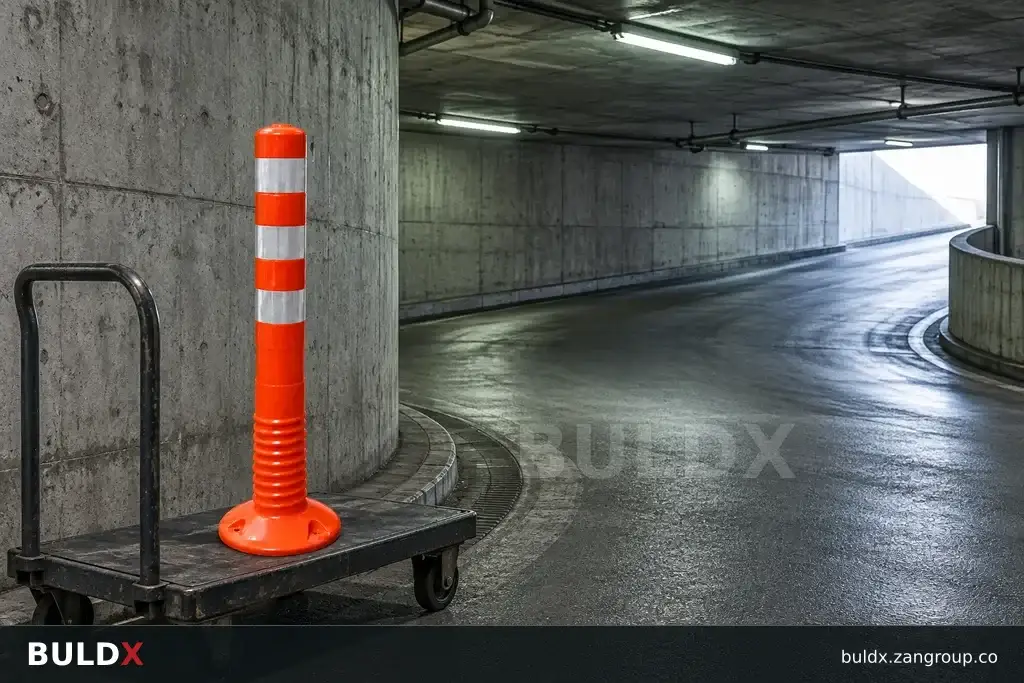 AI-generated product sample context: Convex mirror sample on a trolley at a parking ramp, eye-level side view