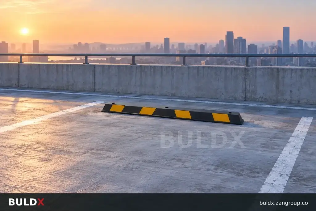 AI-generated product sample context: Wheel stop in an empty rooftop car park under morning light, distant wide view