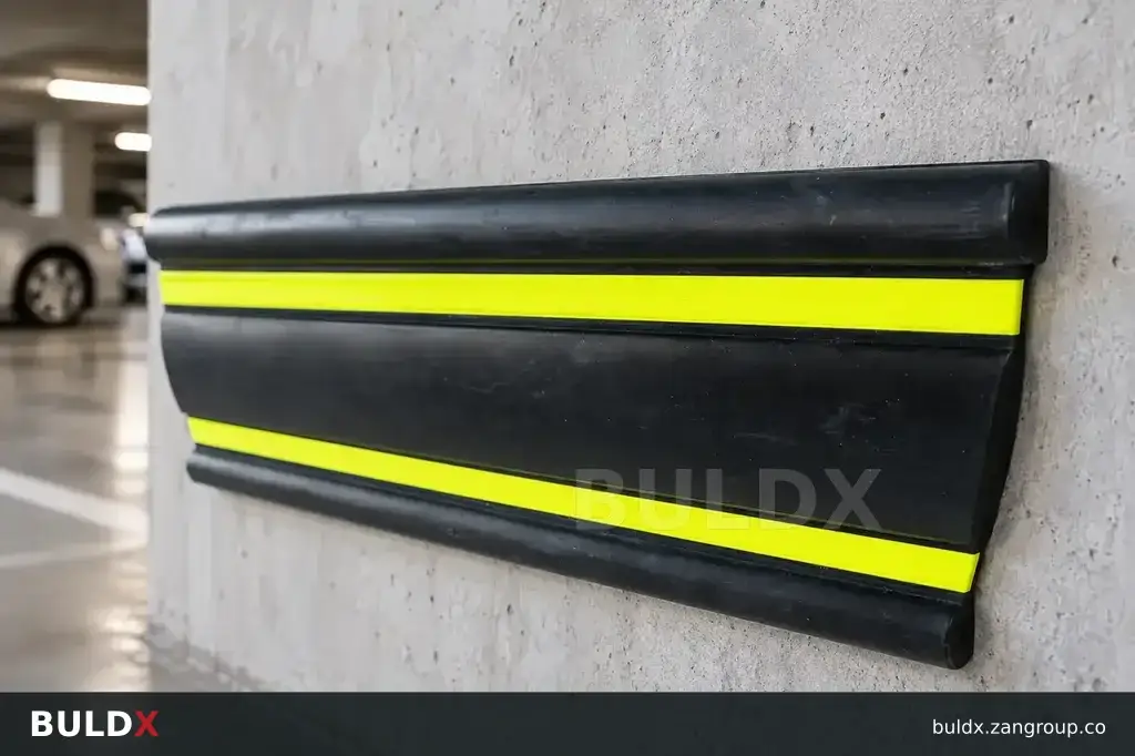 AI-generated application context: Parking wall guards: surface protection and fixing details