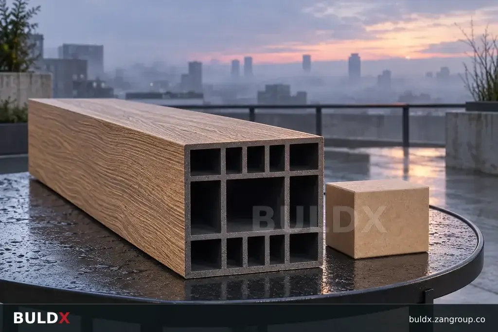AI-generated product sample context: Pergola profile sample on an architect's terrace table with sky beyond, high diagonal view
