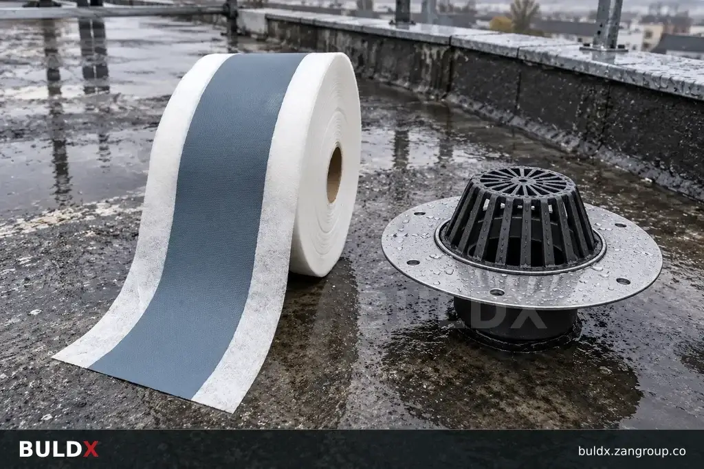 AI-generated product sample context: Drain mockup and waterproof band on a rooftop bench, high-angle detail