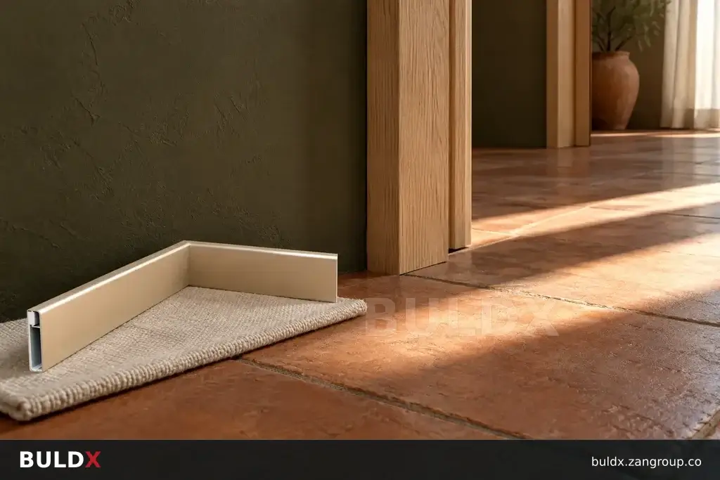 AI-generated product sample context: Residential corridor doorway with loose skirting sample, knee-height perspective