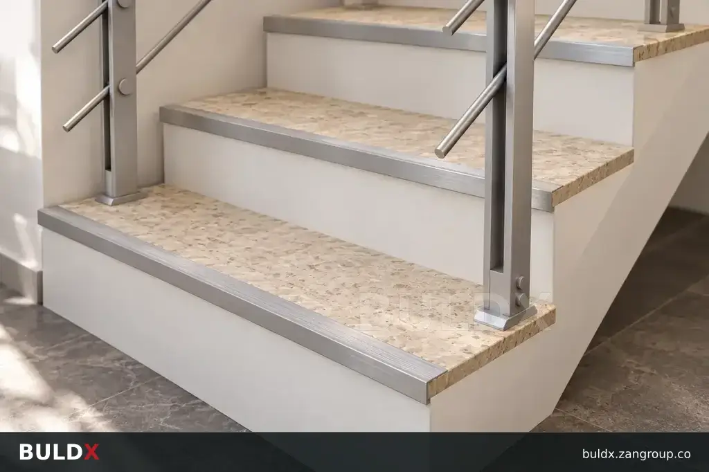 AI-generated application context: Stair nosings: tread width, riser return and fixing