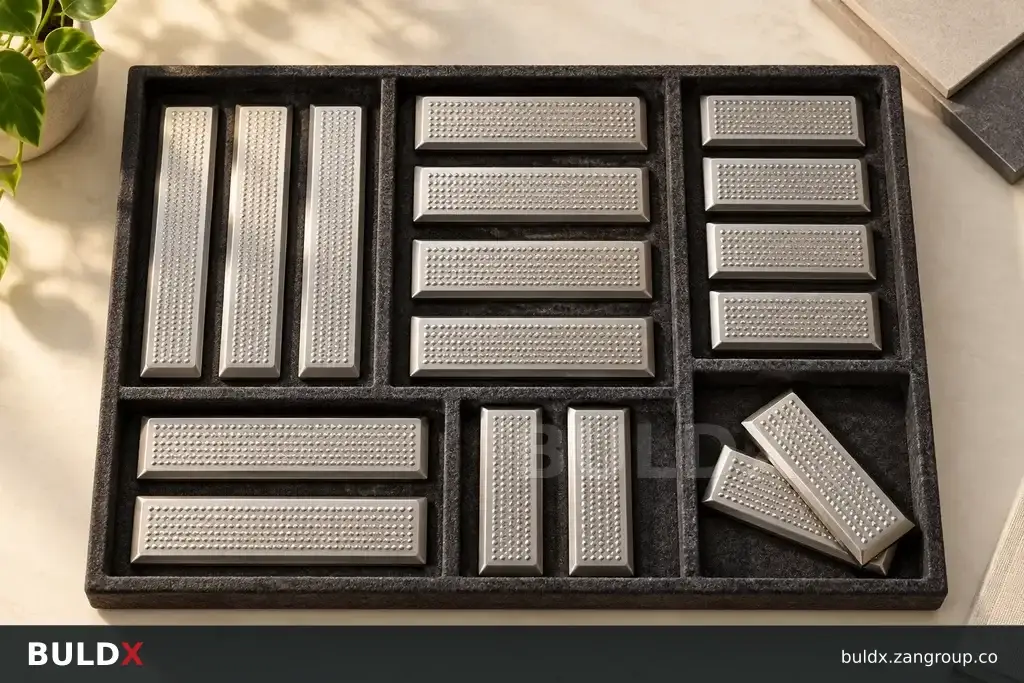 AI-generated product sample context: Tactile finish samples in an organised design tray, overhead still life