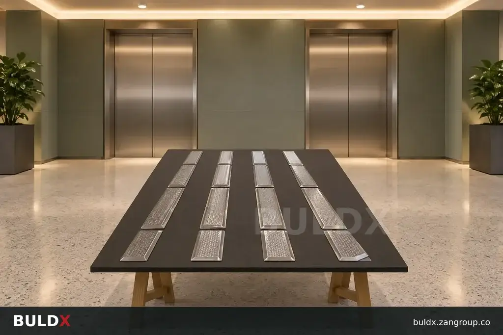 AI-generated product sample context: Loose tactile sample board in an empty lift lobby, symmetrical frontal photograph