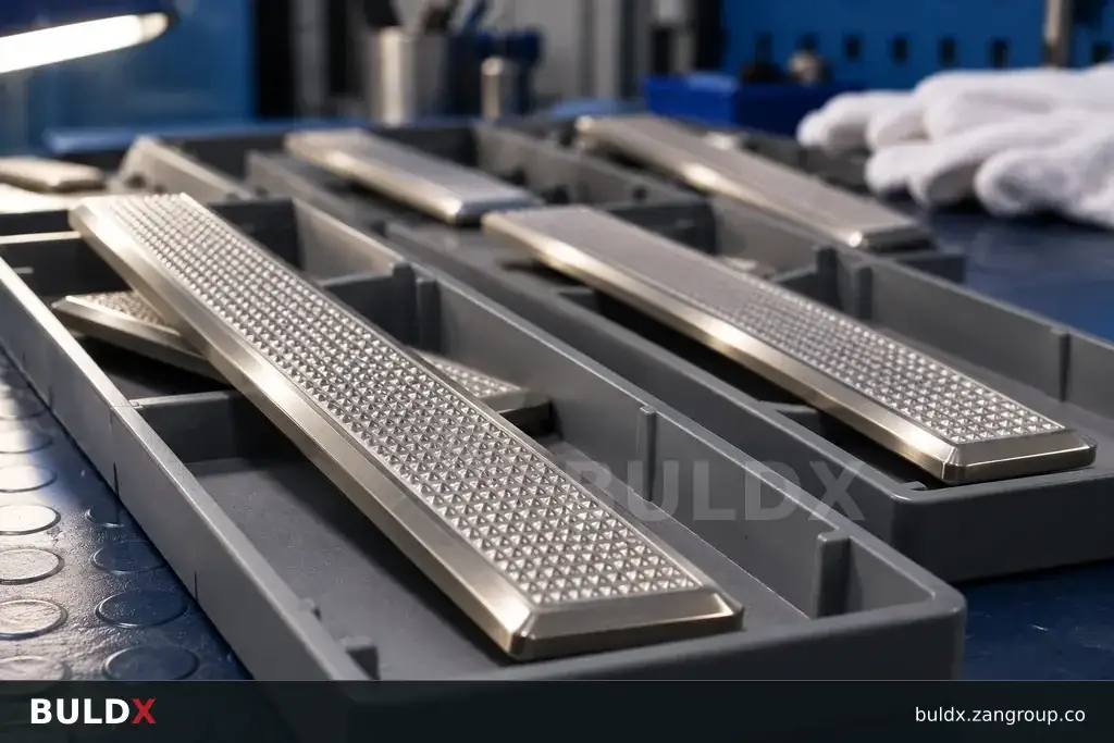 AI-generated product sample context: Tactile components organised in small maintenance trays, low macro photograph
