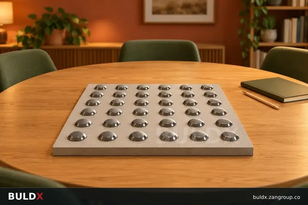 AI-generated product sample context: Tactile sample board on a review table in a community design room, broad eye-level composition