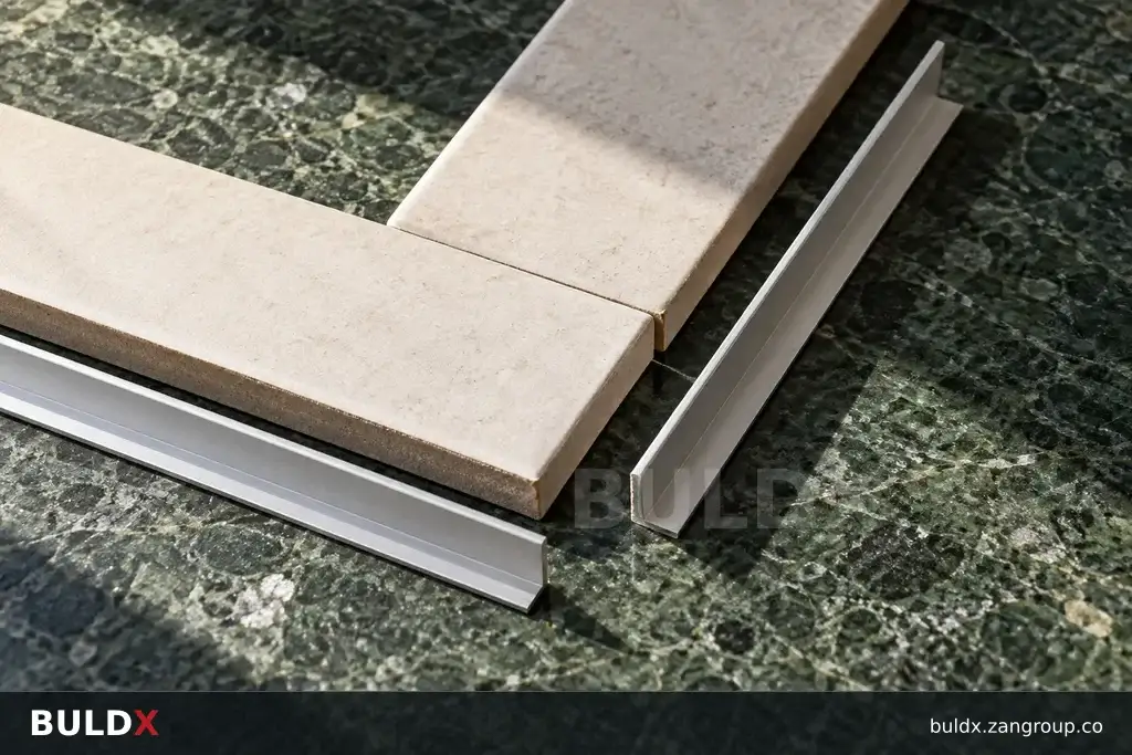 AI-generated product sample context: L-shaped sample tile corner on a stone bench, overhead diagonal composition