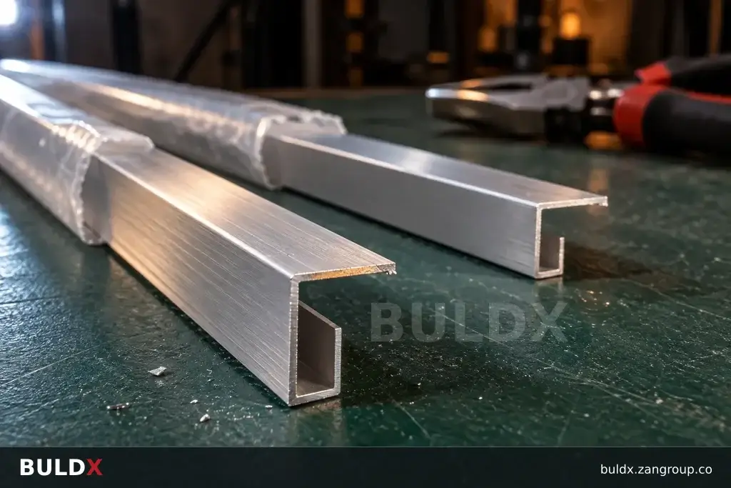 AI-generated product sample context: Cut trim samples with protected ends on a workshop mat, low macro view